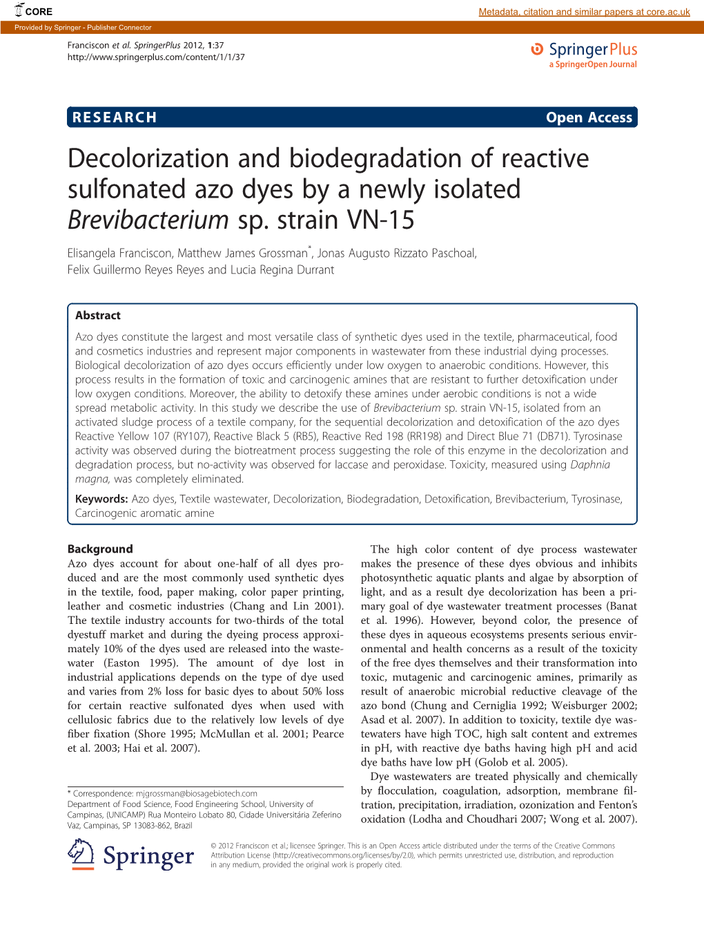 Decolorization and Biodegradation of Reactive Sulfonated Azo Dyes by a Newly Isolated Brevibacterium Sp