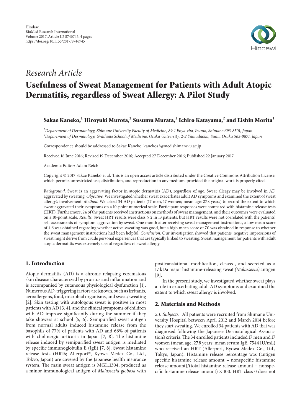 Usefulness of Sweat Management for Patients with Adult Atopic Dermatitis, Regardless of Sweat Allergy: a Pilot Study