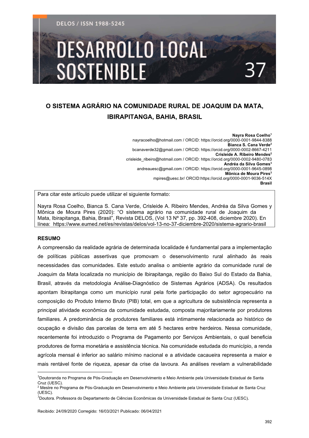 O Sistema Agrário Na Comunidade Rural De Joaquim Da Mata, Ibirapitanga, Bahia, Brasil