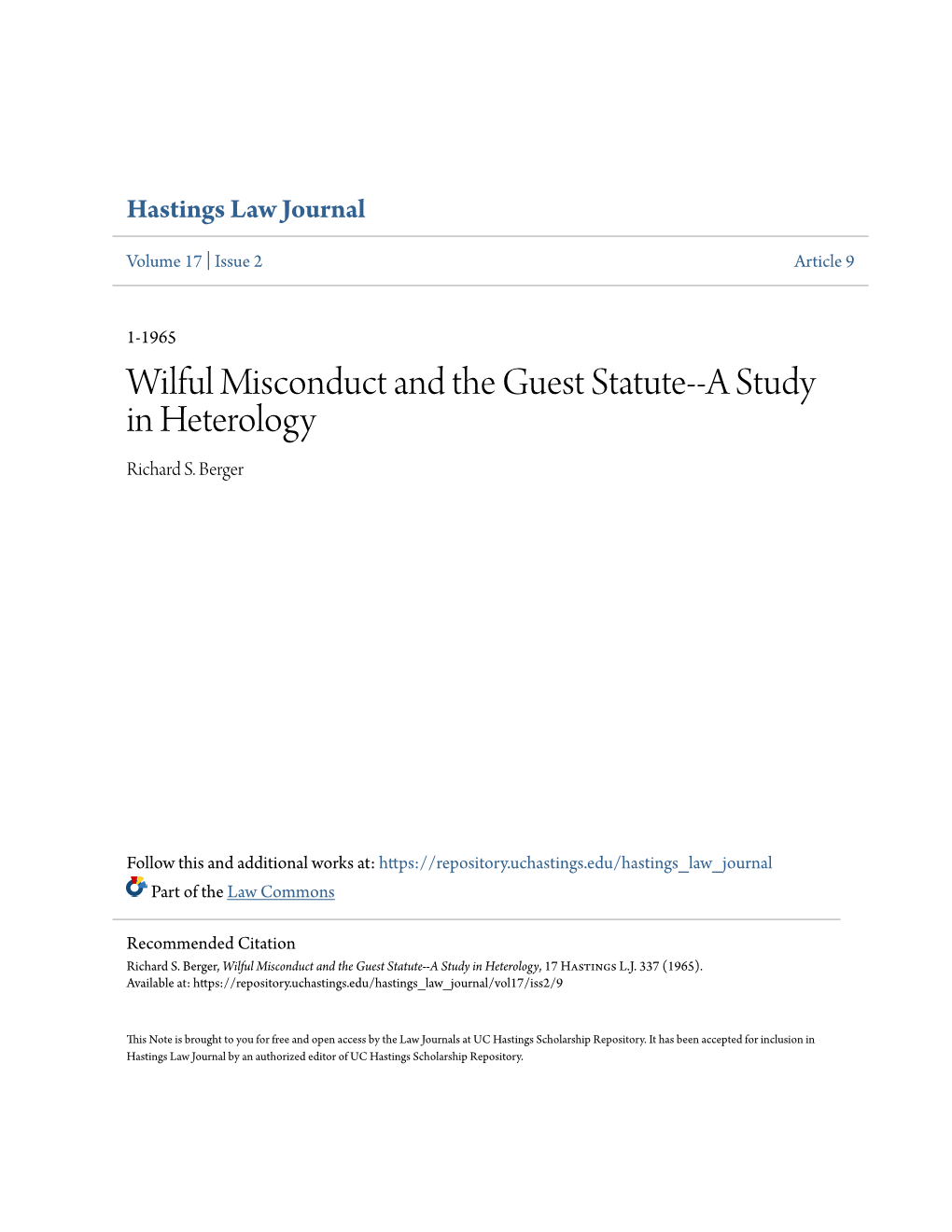 Wilful Misconduct and the Guest Statute--A Study in Heterology Richard S