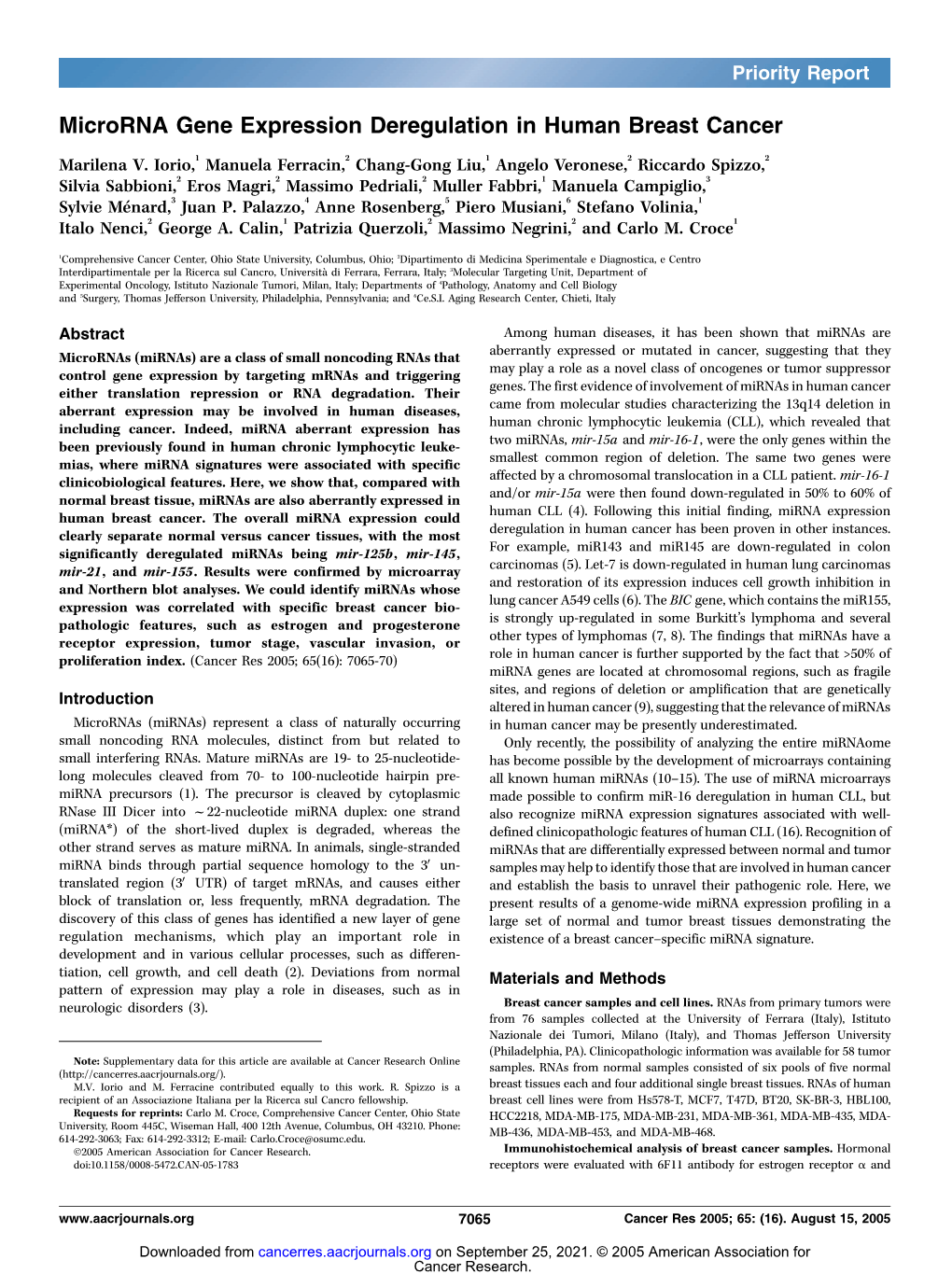 Microrna Gene Expression Deregulation in Human Breast Cancer