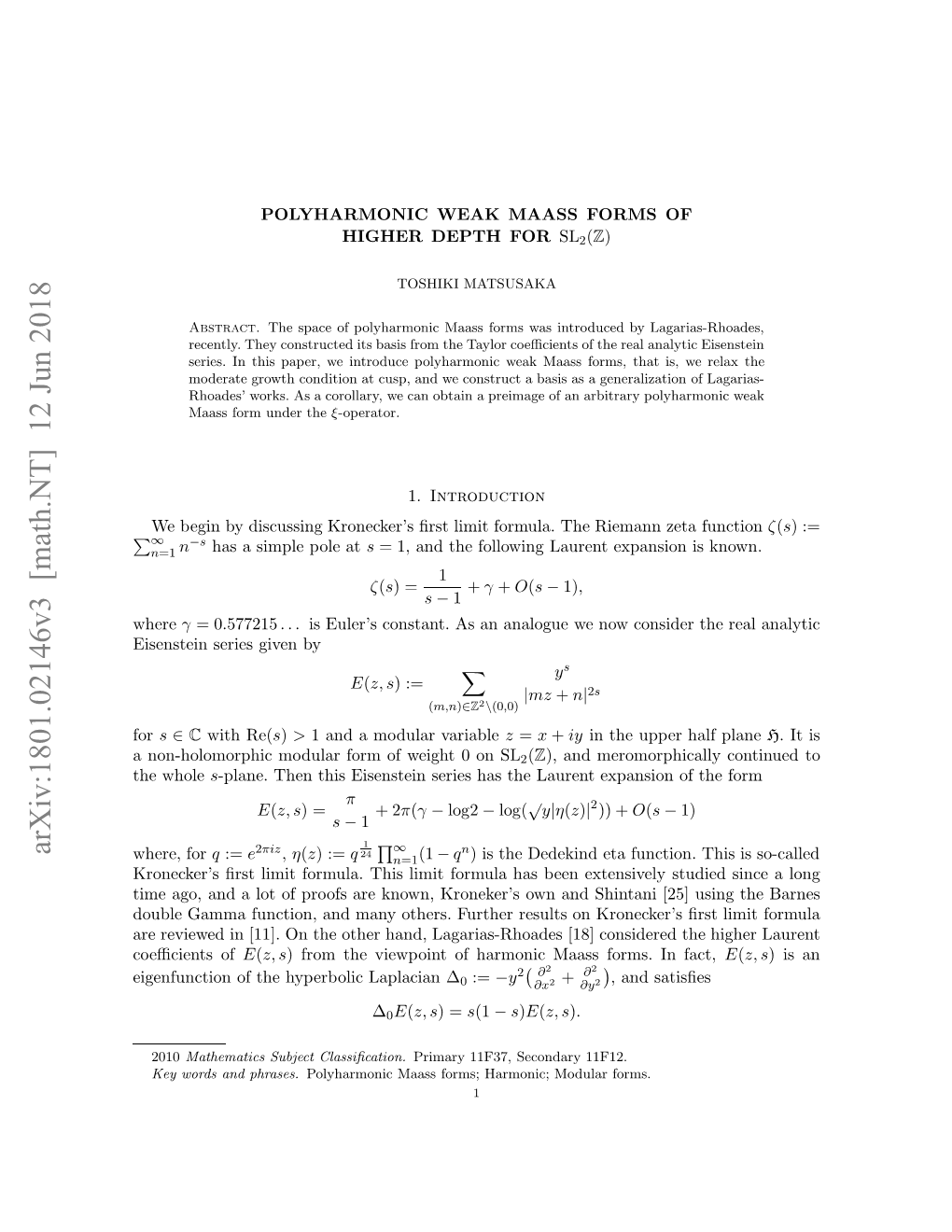 Arxiv:1801.02146V3 [Math.NT]