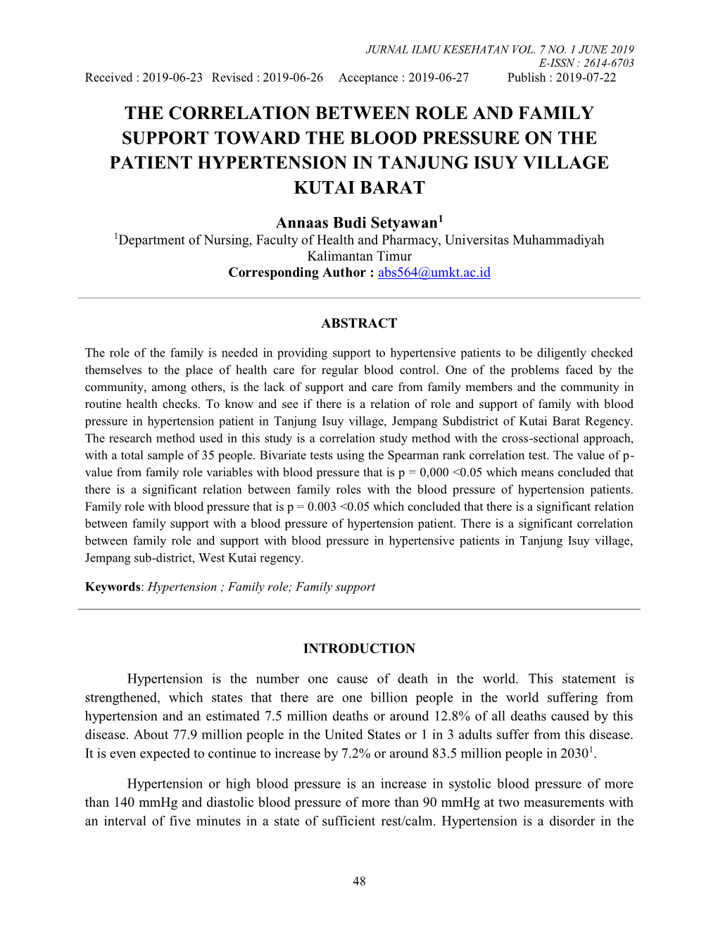 The Correlation Between Role and Family Support Toward the Blood Pressure on the Patient Hypertension in Tanjung Isuy Village Kutai Barat