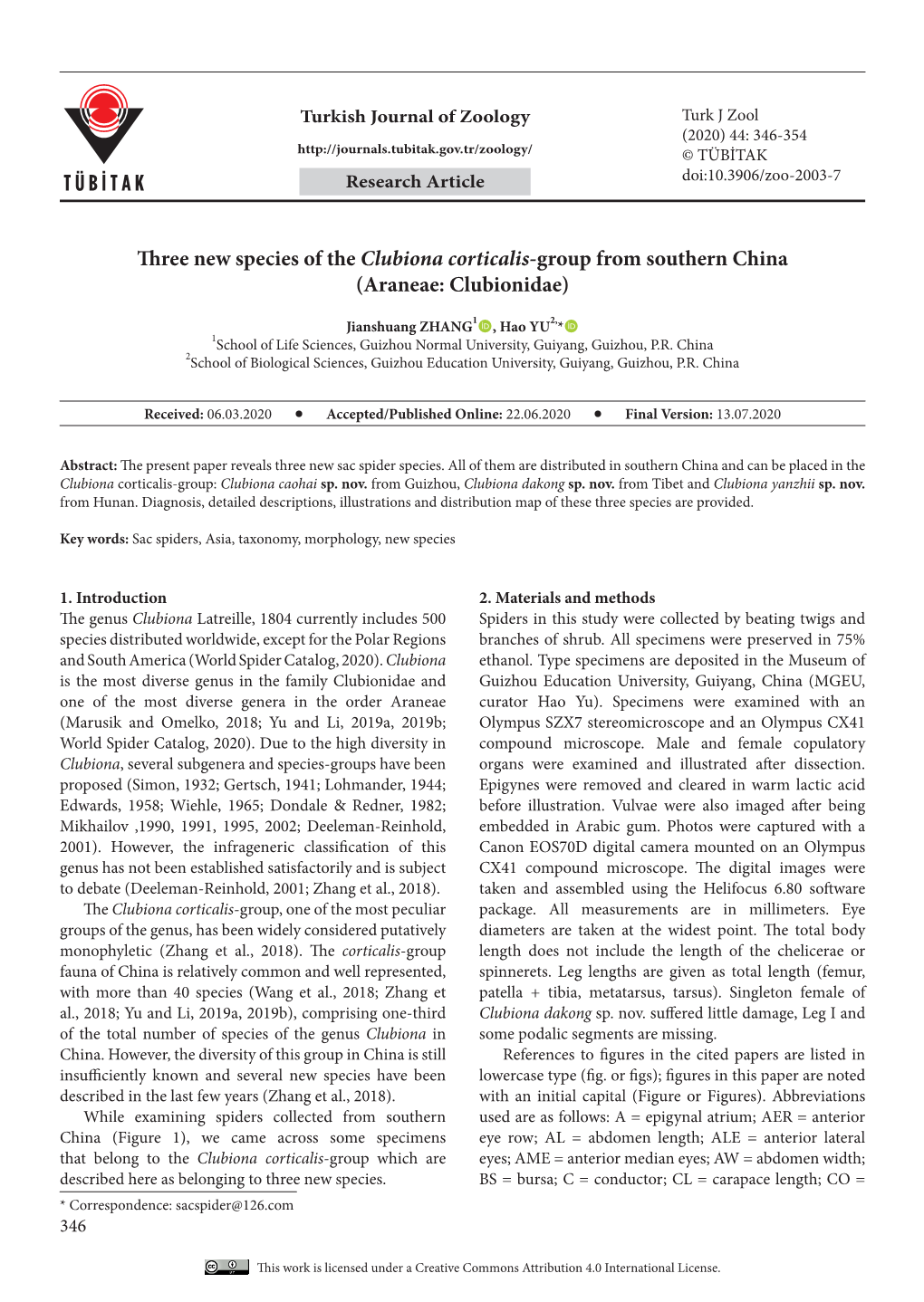 Three New Species of the Clubiona Corticalis -Group from Southern