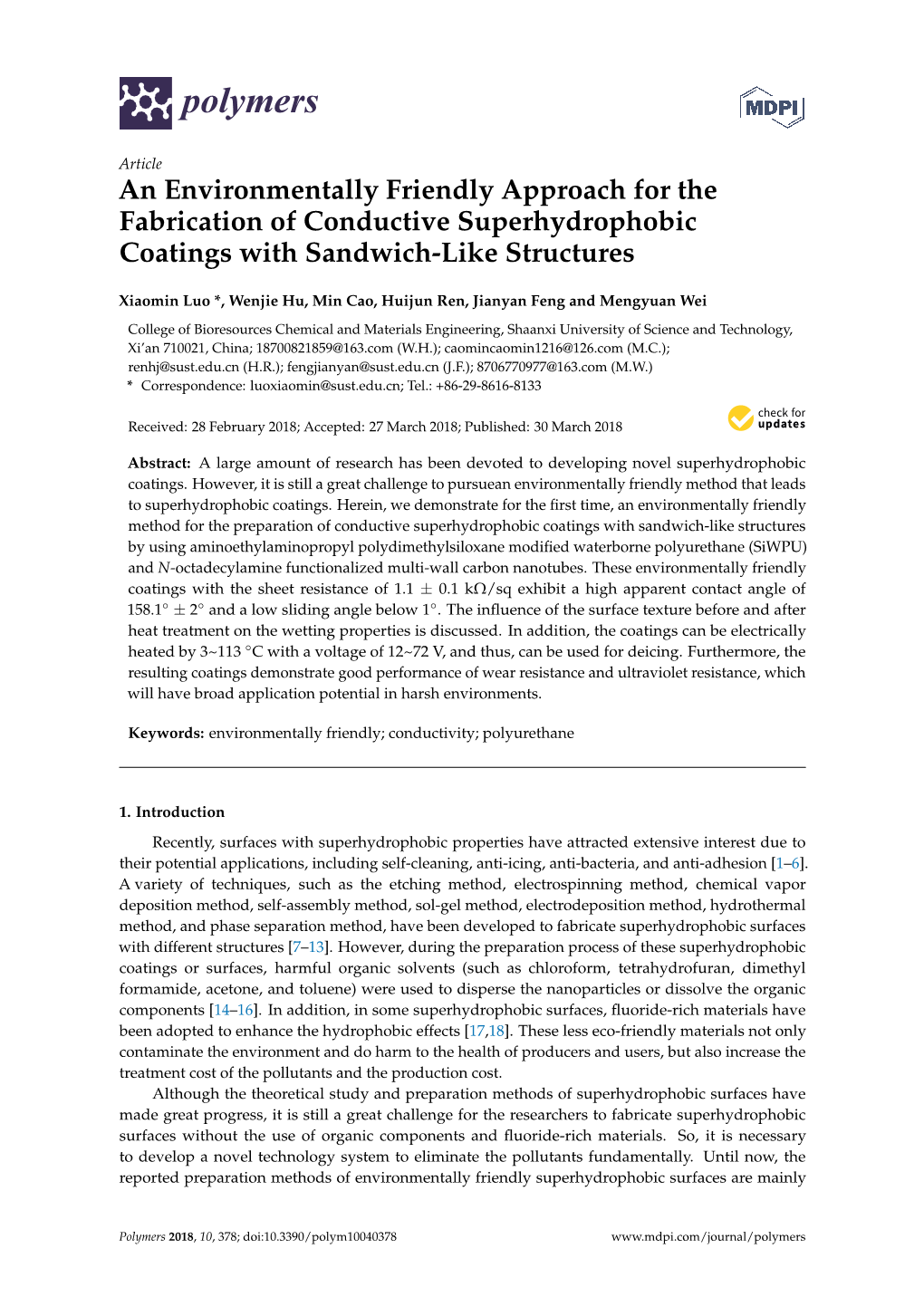 An Environmentally Friendly Approach for the Fabrication of Conductive Superhydrophobic Coatings with Sandwich-Like Structures