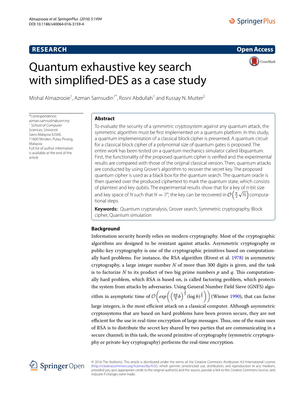 Quantum Exhaustive Key Search with Simplified-DES As a Case Study