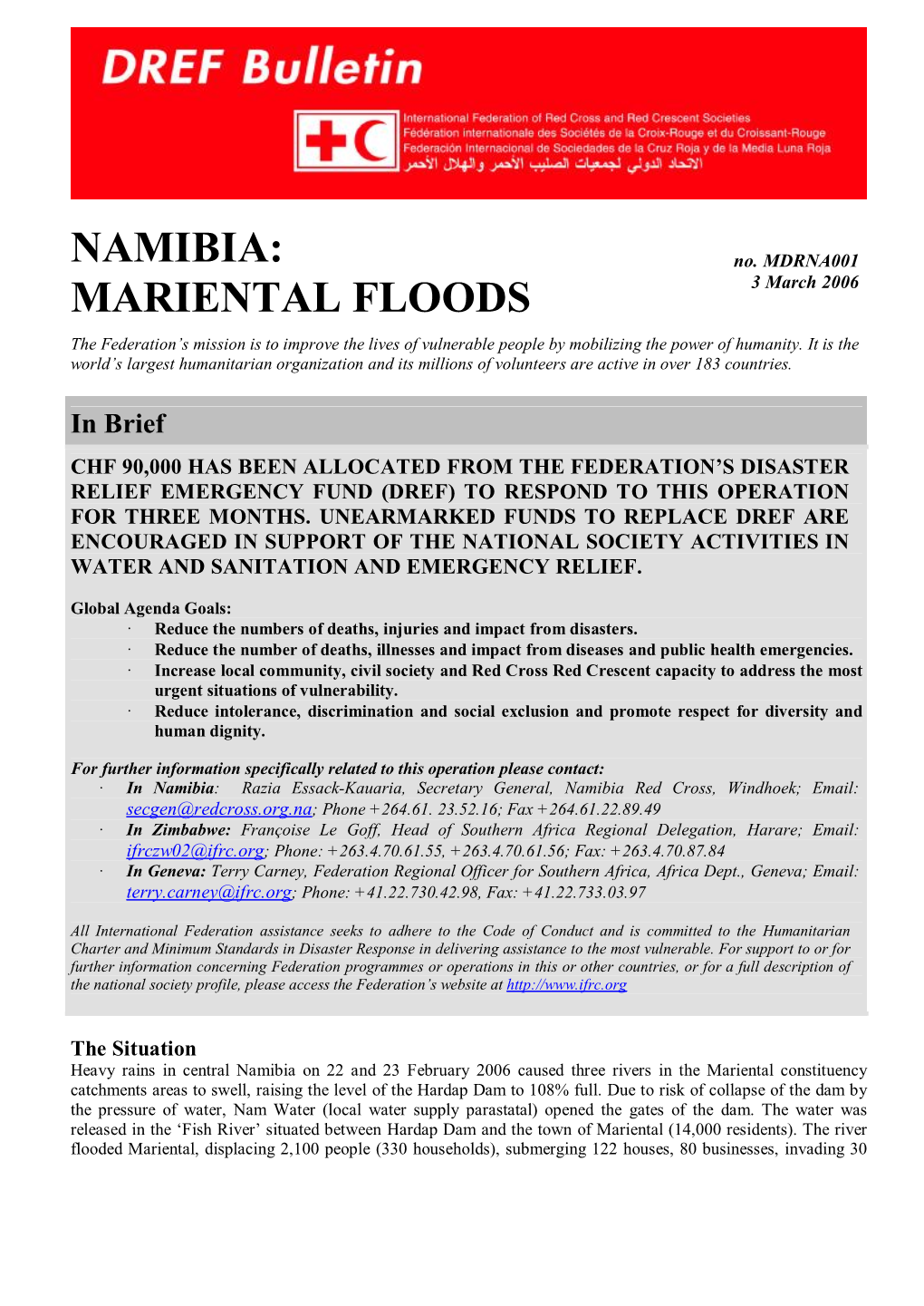 Namibia: Mariental Floods; DREF Bulletin No