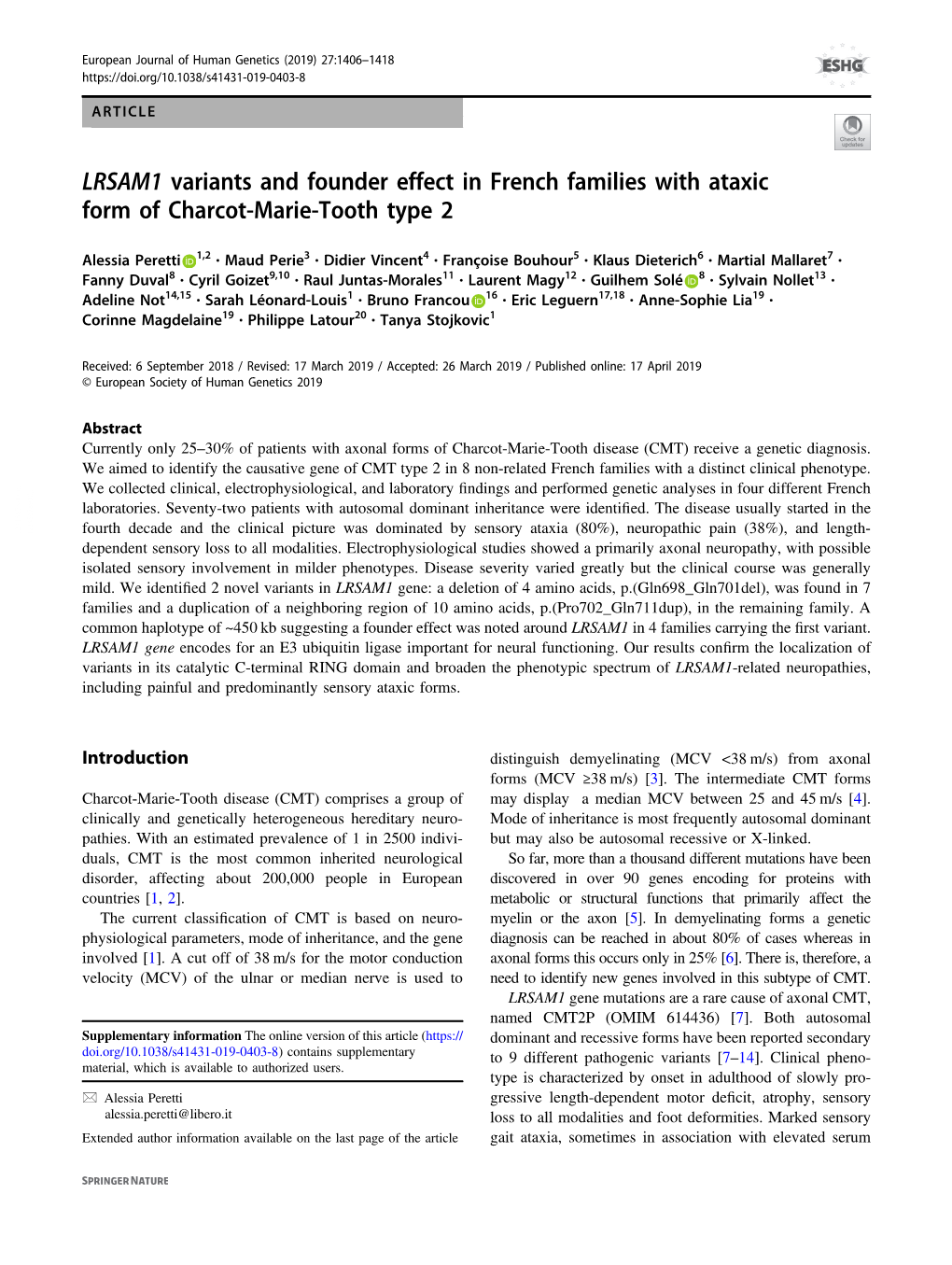 LRSAM1 Variants and Founder Effect in French Families with Ataxic Form of Charcot-Marie-Tooth Type 2