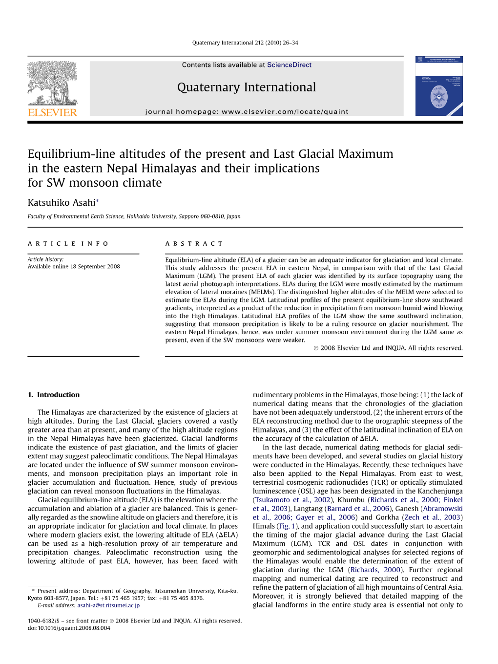 Equilibrium-Line Altitudes of the Present and Last Glacial Maximum in the Eastern Nepal Himalayas and Their Implications for SW Monsoon Climate