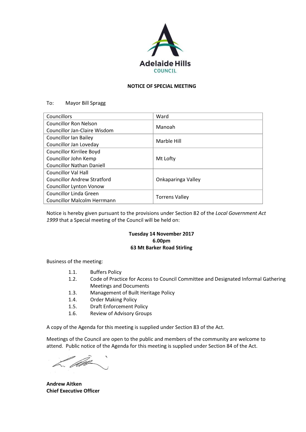 NOTICE of SPECIAL MEETING To