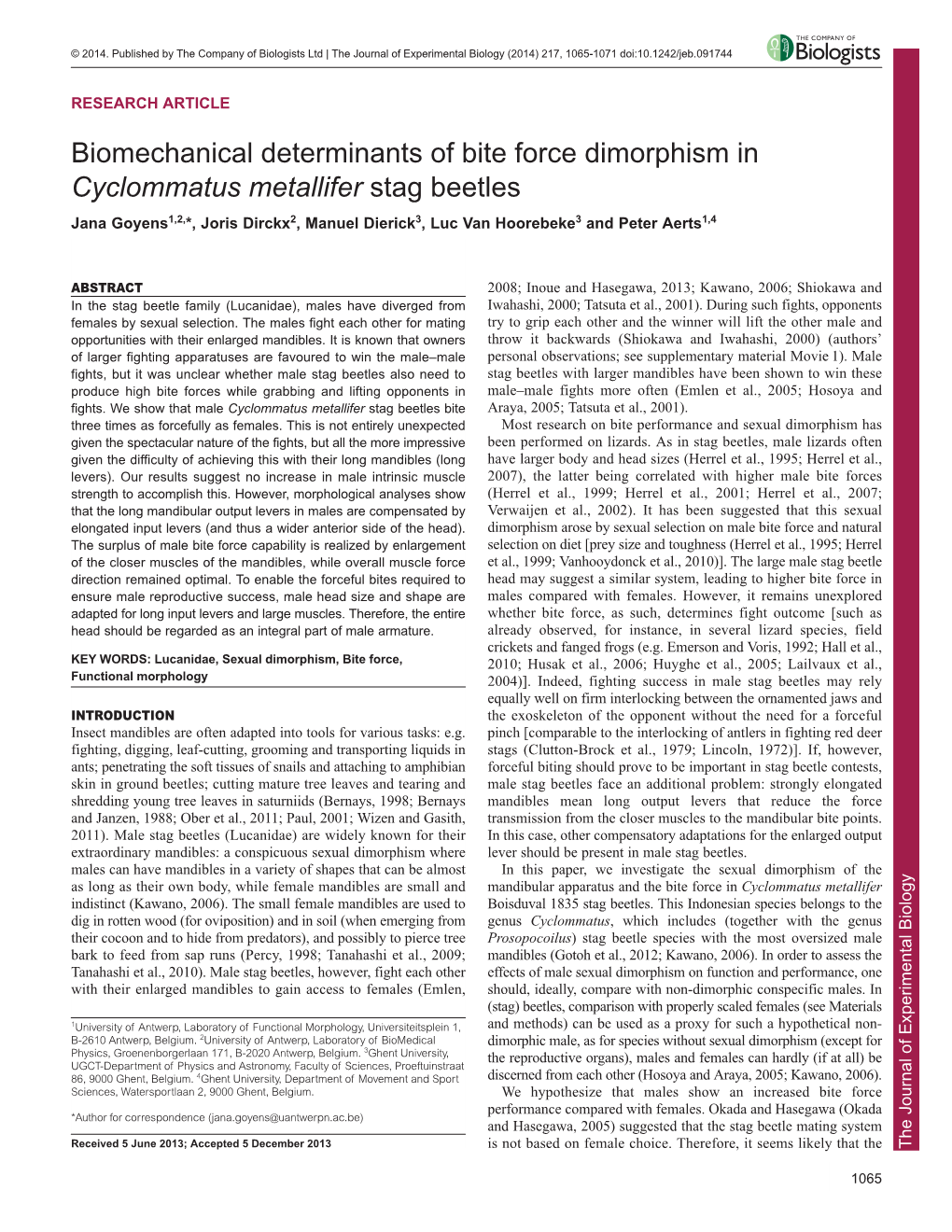 Biomechanical Determinants of Bite Force Dimorphism in Cyclommatus