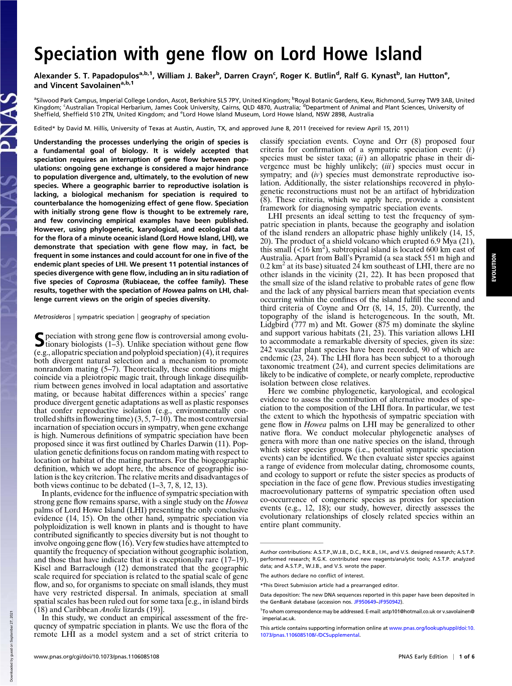 Speciation with Gene Flow on Lord Howe Island