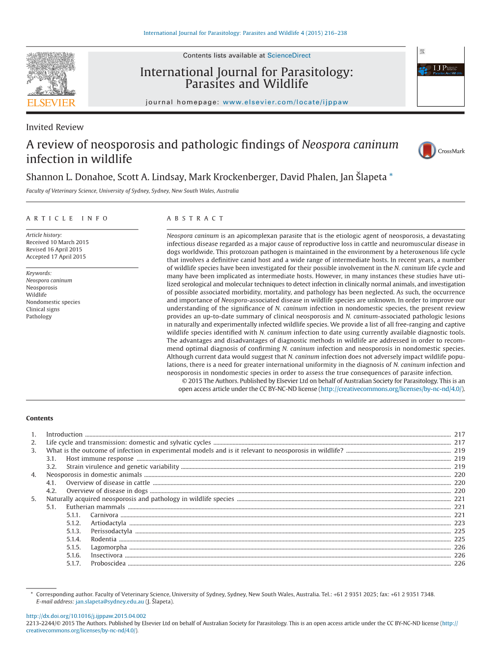 A Review of Neosporosis and Pathologic Findings of Neospora Caninum Infection in Wildlife