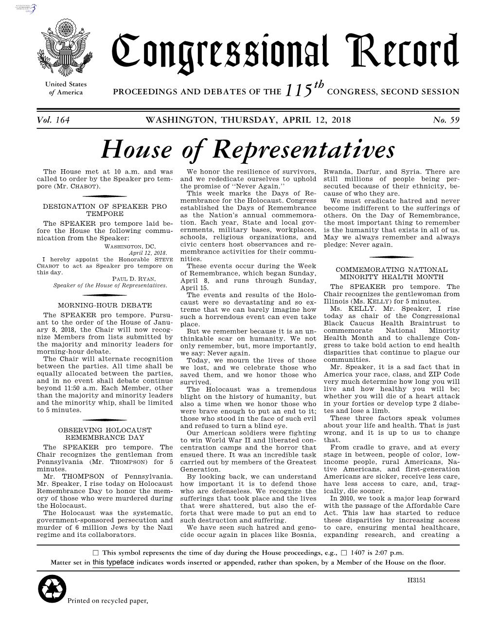 Congressional Record United States Th of America PROCEEDINGS and DEBATES of the 115 CONGRESS, SECOND SESSION