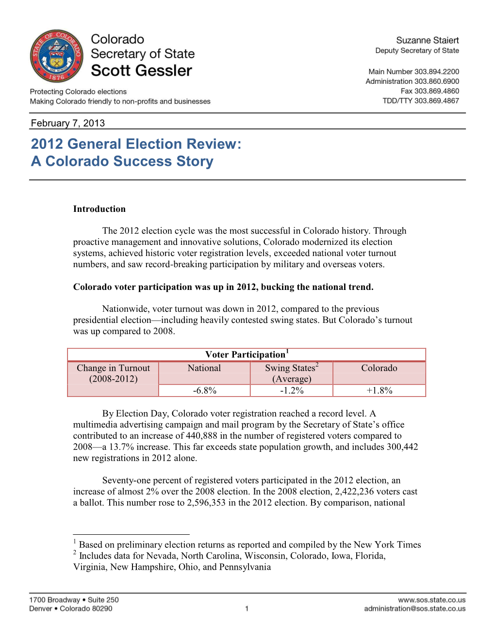 2012 General Election Review: a Colorado Success Story