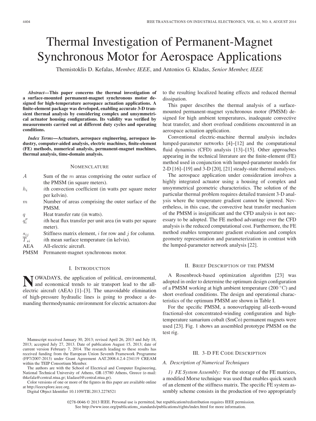 Thermal Investigation of Permanent-Magnet Synchronous Motor for Aerospace Applications Themistoklis D