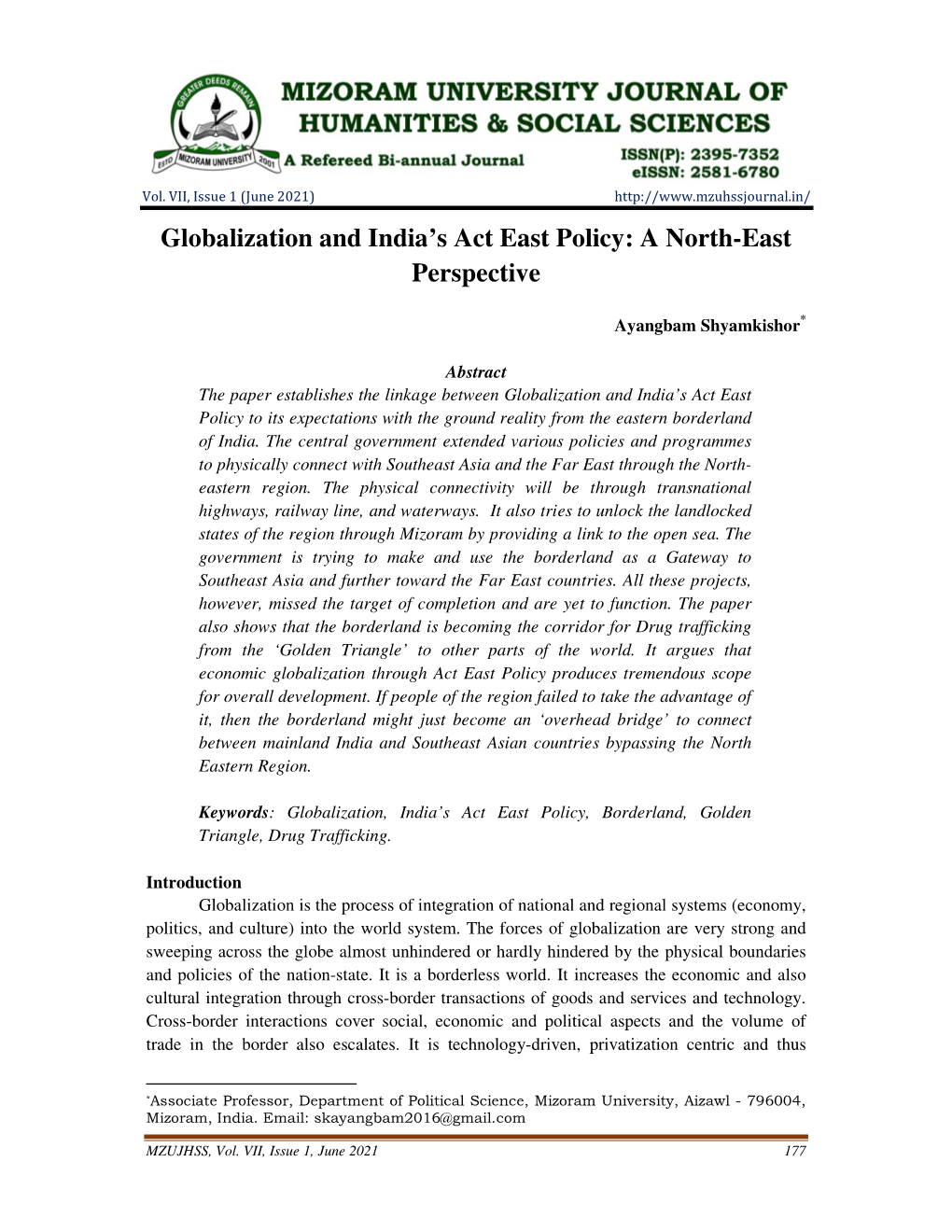 Globalization and India's Act East Policy: a North-East Perspective