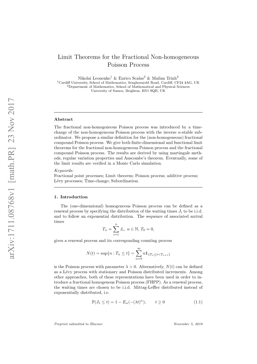 Limit Theorems for the Fractional Non-Homogeneous Poisson Process