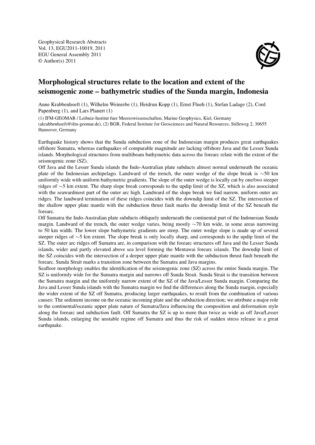 Morphological Structures Relate to the Location and Extent of the Seismogenic Zone – Bathymetric Studies of the Sunda Margin, Indonesia