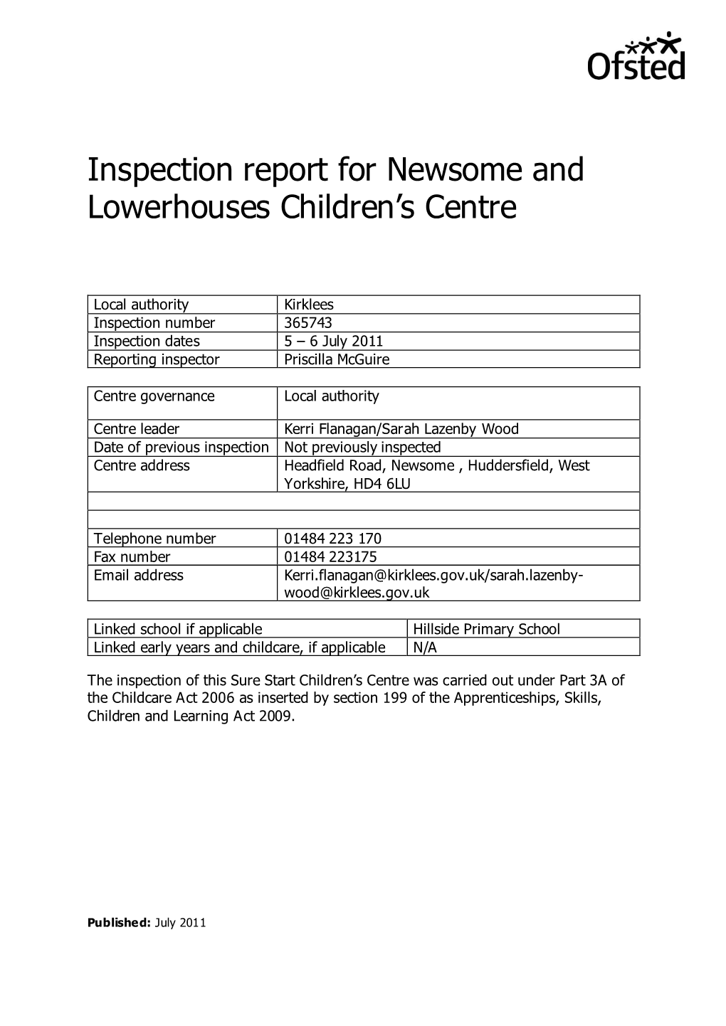 Inspection Report for Newsome and Lowerhouses Children's Centre