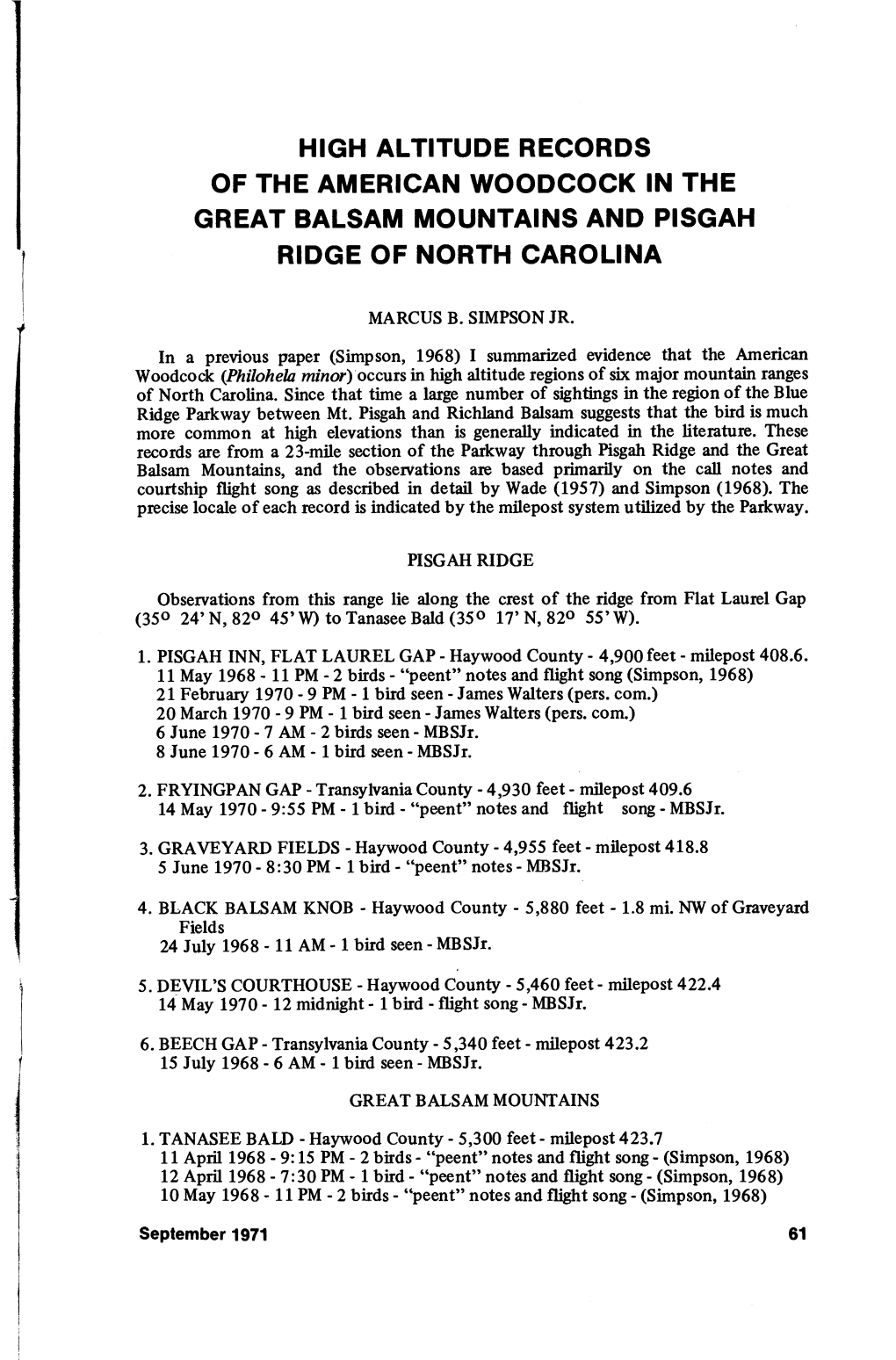 High Altitude Records of the American Woodcock in the Great Balsam Mountains and Pisgah Ridge of North Carolina