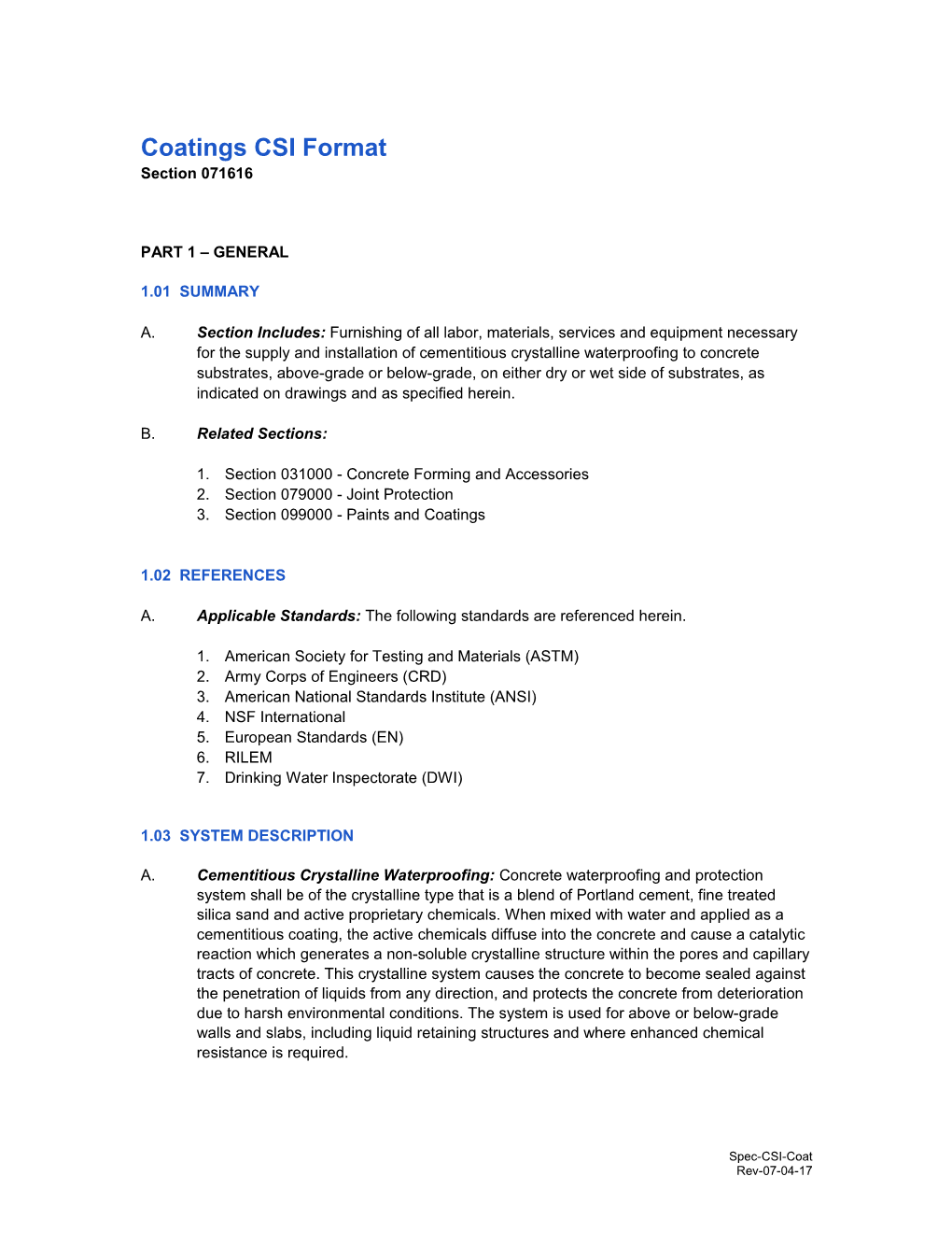 Xypex Concrete Waterproofing Specifications (CSI Format)