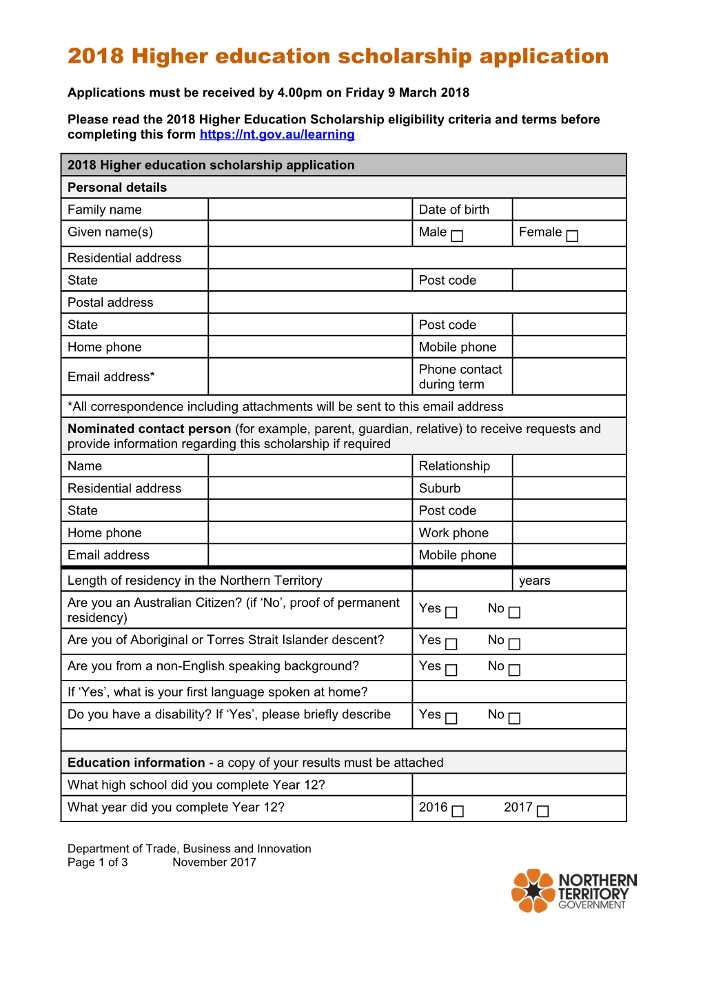 2018 Higher Education Scholarship Application