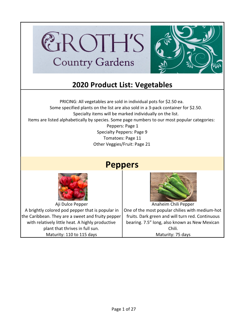 2021 Vegetables Product List