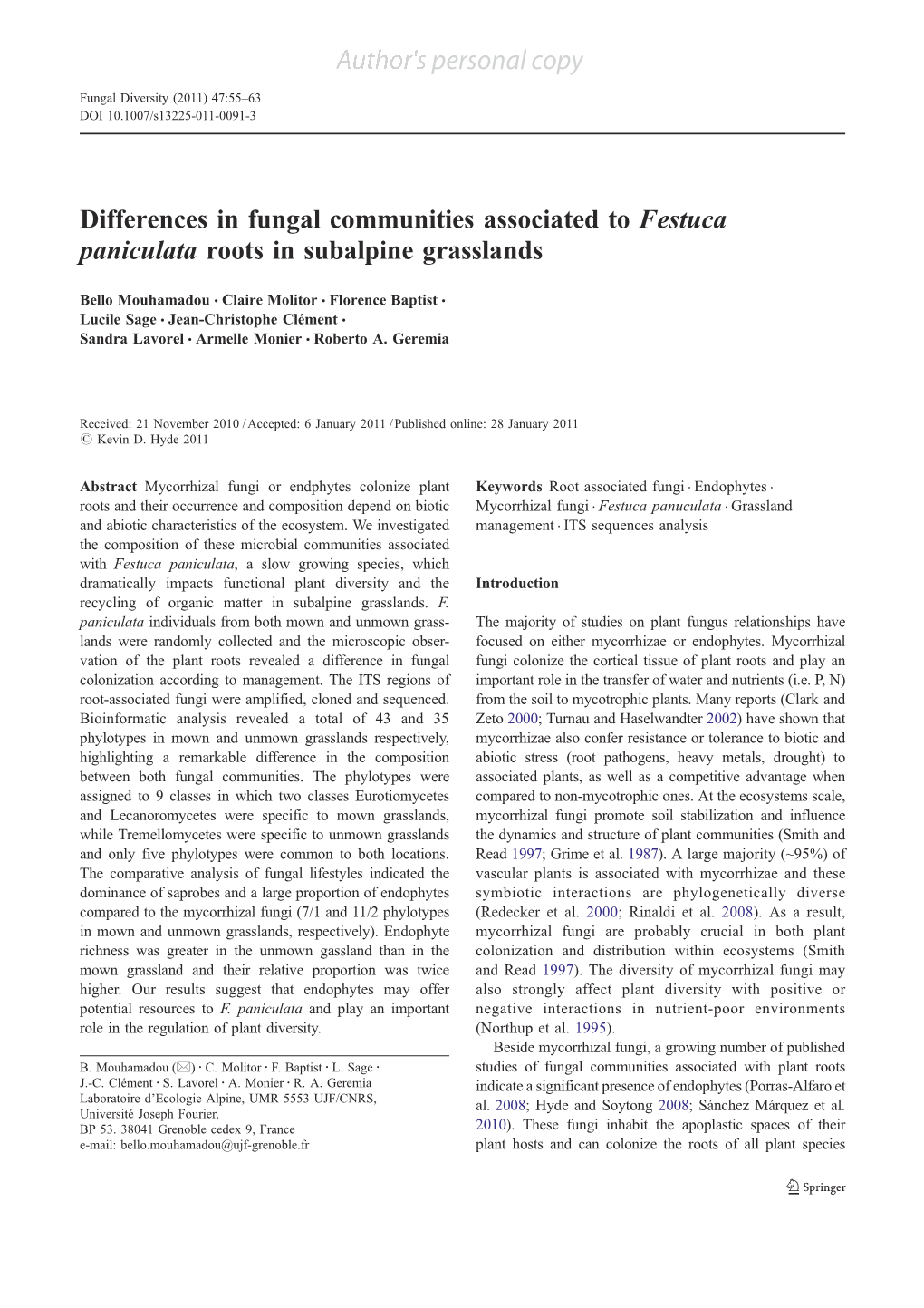 Differences in Fungal Communities Associated to Festuca Paniculata Roots in Subalpine Grasslands