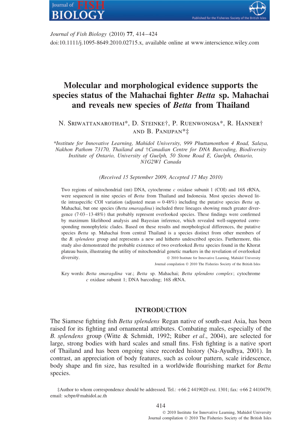 Molecular and Morphological Evidence Supports the Species Status of the Mahachai ﬁghter Betta Sp