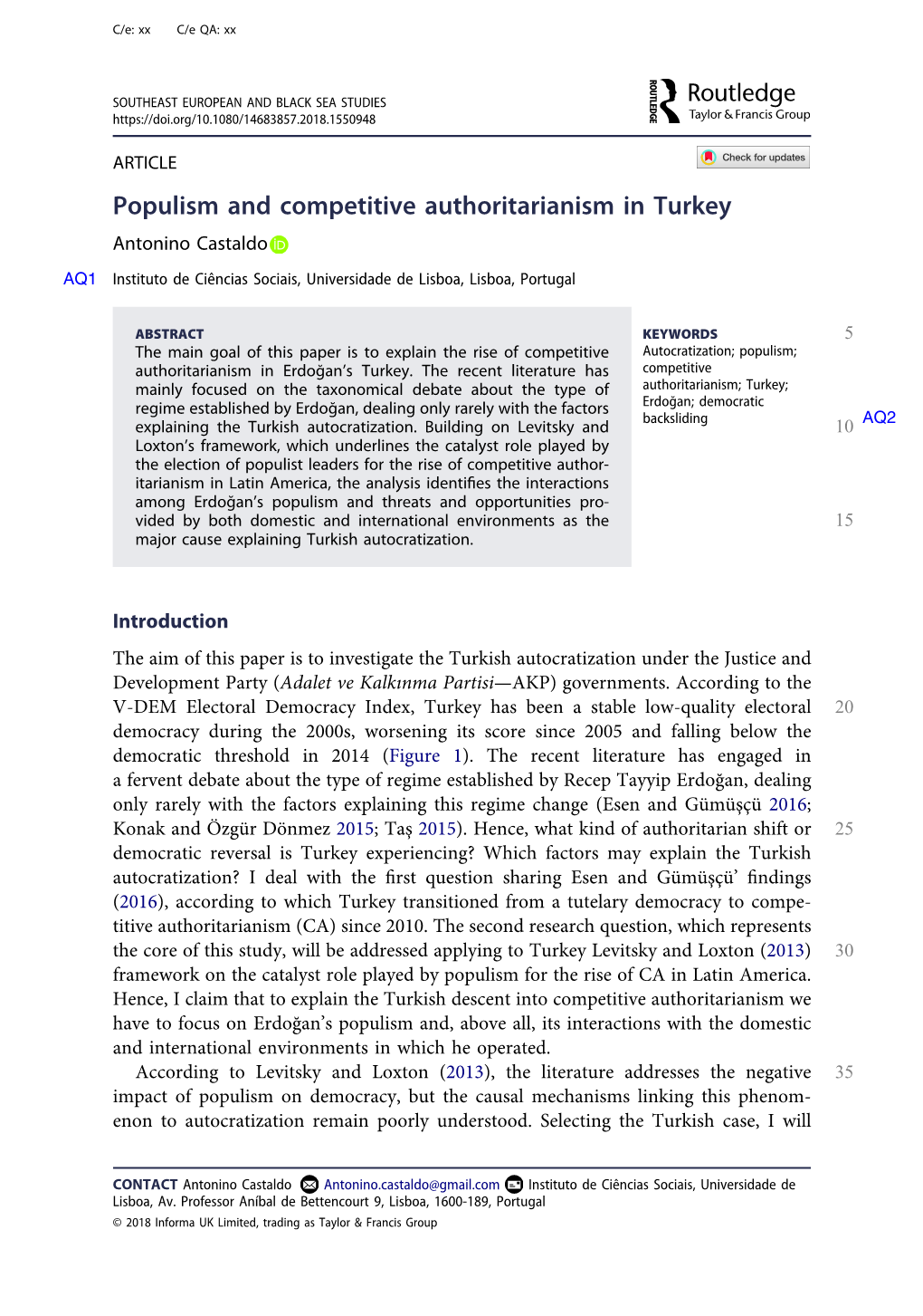 Populism and Competitive Authoritarianism in Turkey Antonino Castaldo