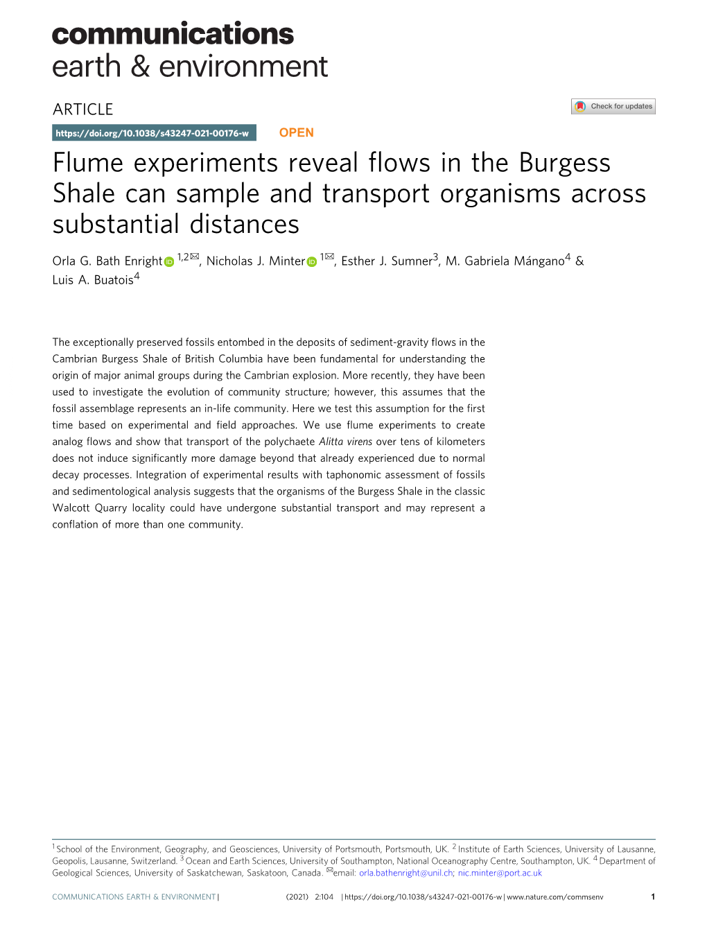 S43247-021-00176-W OPEN Flume Experiments Reveal ﬂows in the Burgess Shale Can Sample and Transport Organisms Across Substantial Distances ✉ ✉ Orla G