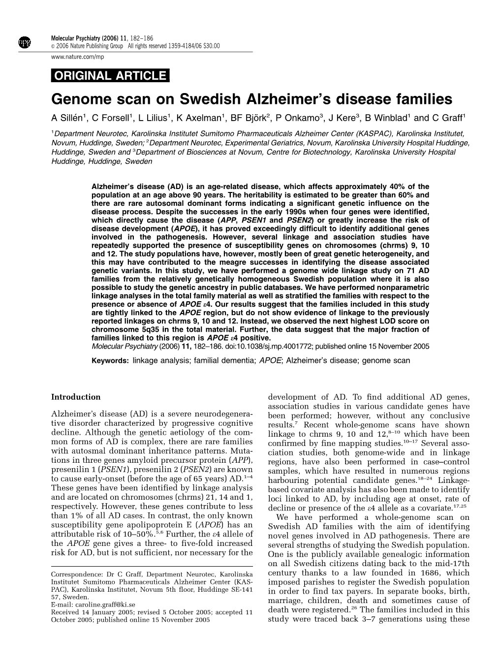 Genome Scan on Swedish Alzheimer's Disease Families