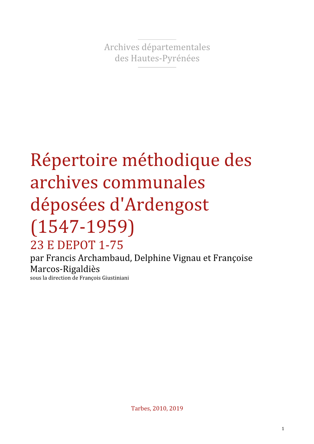 Répertoire Des Archives Déposées D'ardengost