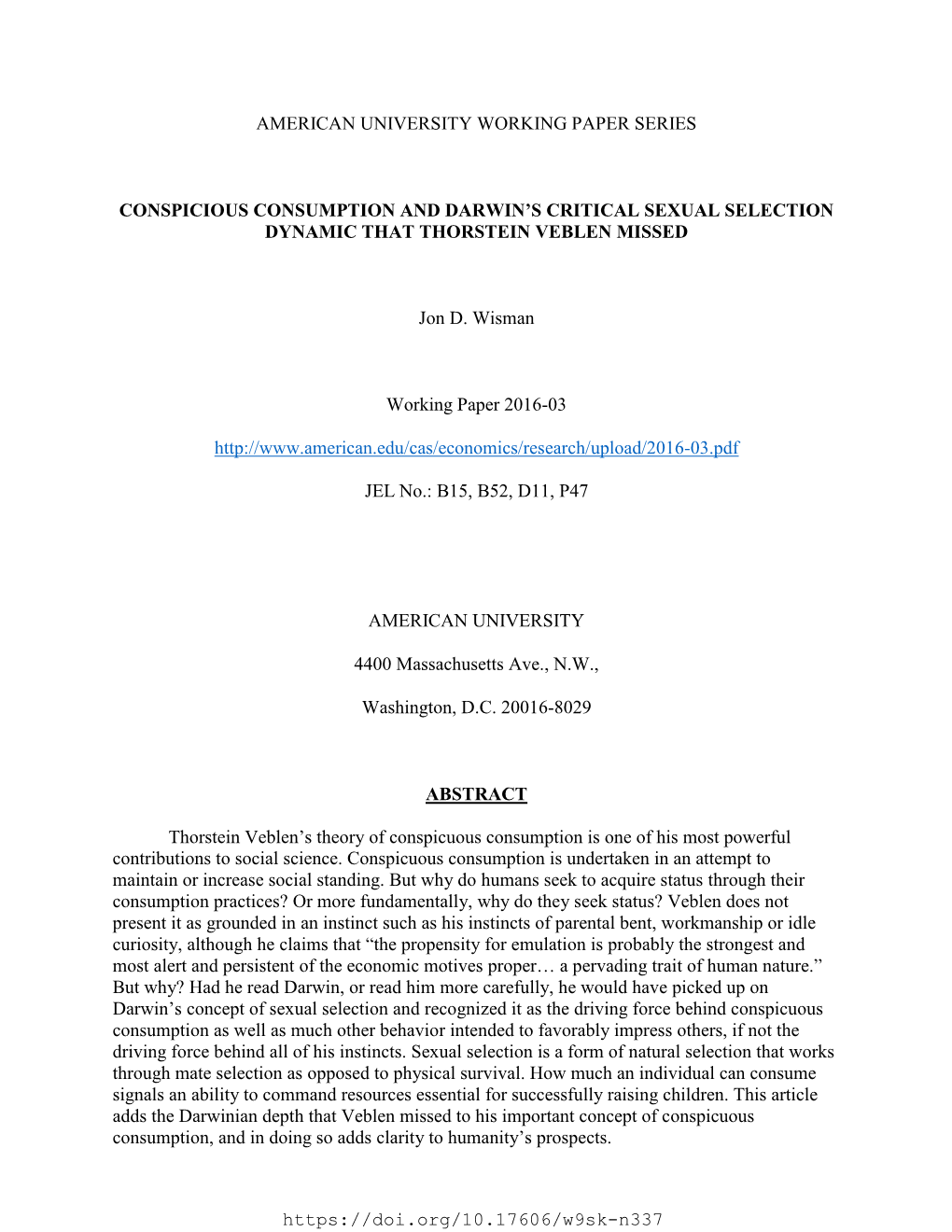 American University Working Paper Series Conspicious
