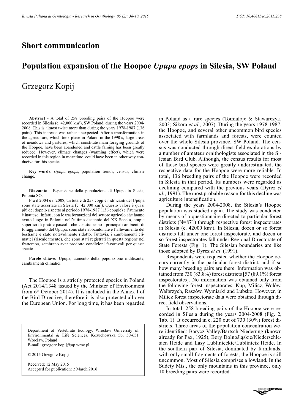 Short Communication Population Expansion of the Hoopoe Upupa