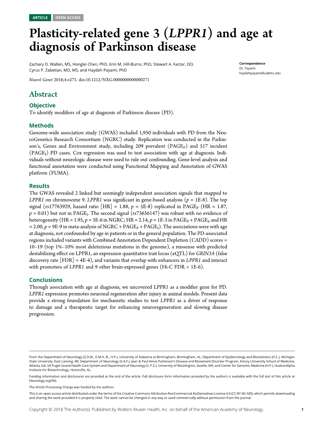 LPPR1) and Age at Diagnosis of Parkinson Disease