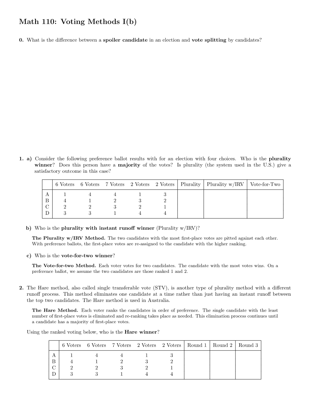 Math 110: Voting Methods I(B)