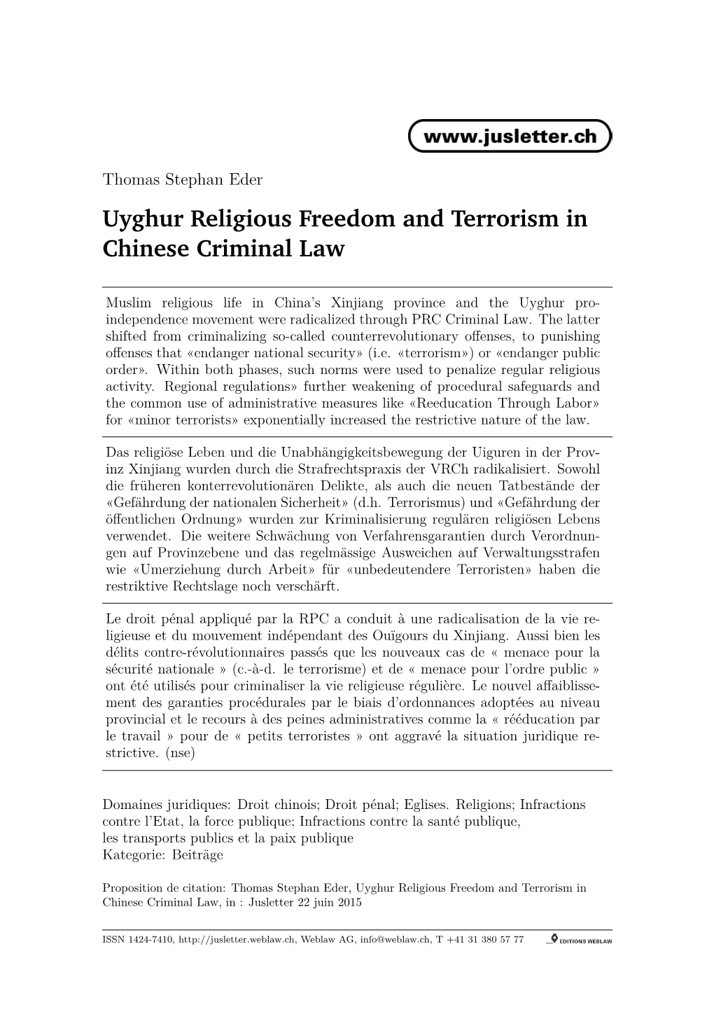 Uyghur Religious Freedom and Terrorism in Chinese Criminal Law