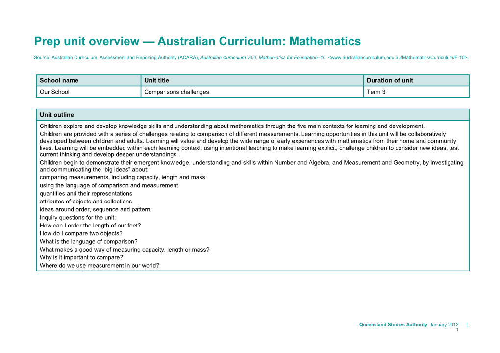 Prep Unit Overview Australian Curriculum: Mathematics