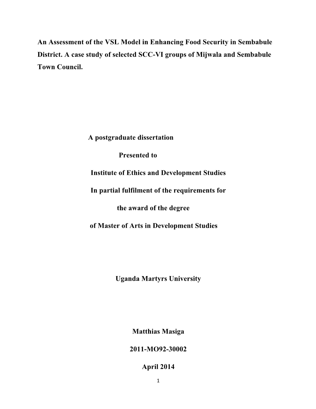 An Assessment of the VSL Model in Enhancing Food Security in Sembabule District