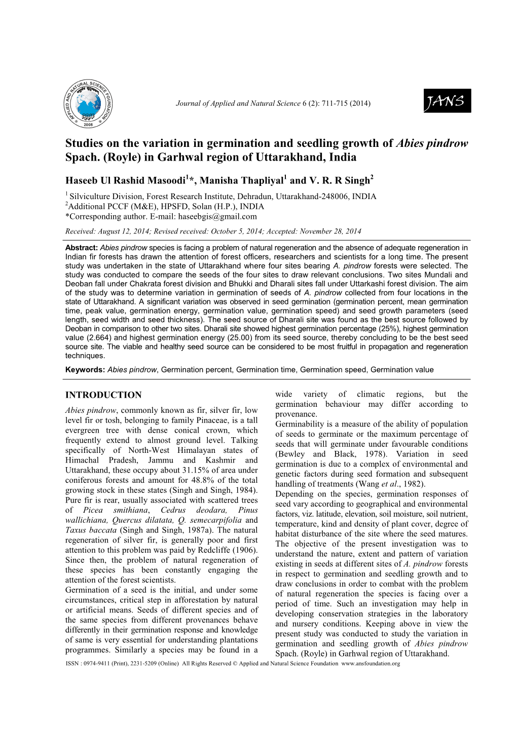 Studies on the Variation in Germination and Seedling Growth of Abies Pindrow Spach