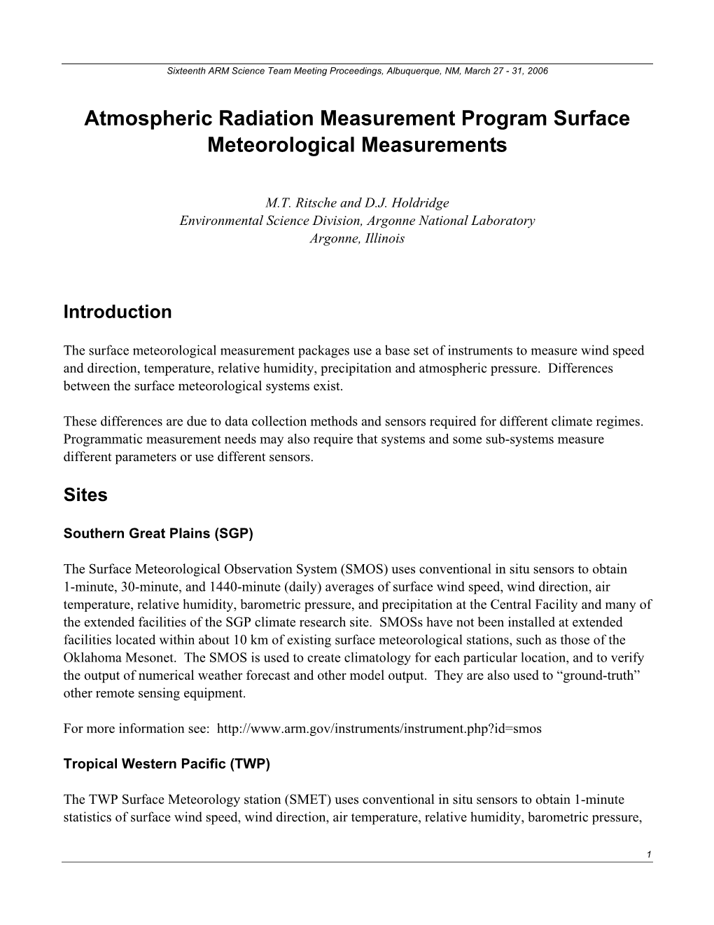 Atmospheric Radiation Measurement Program Surface Meteorological Measurements