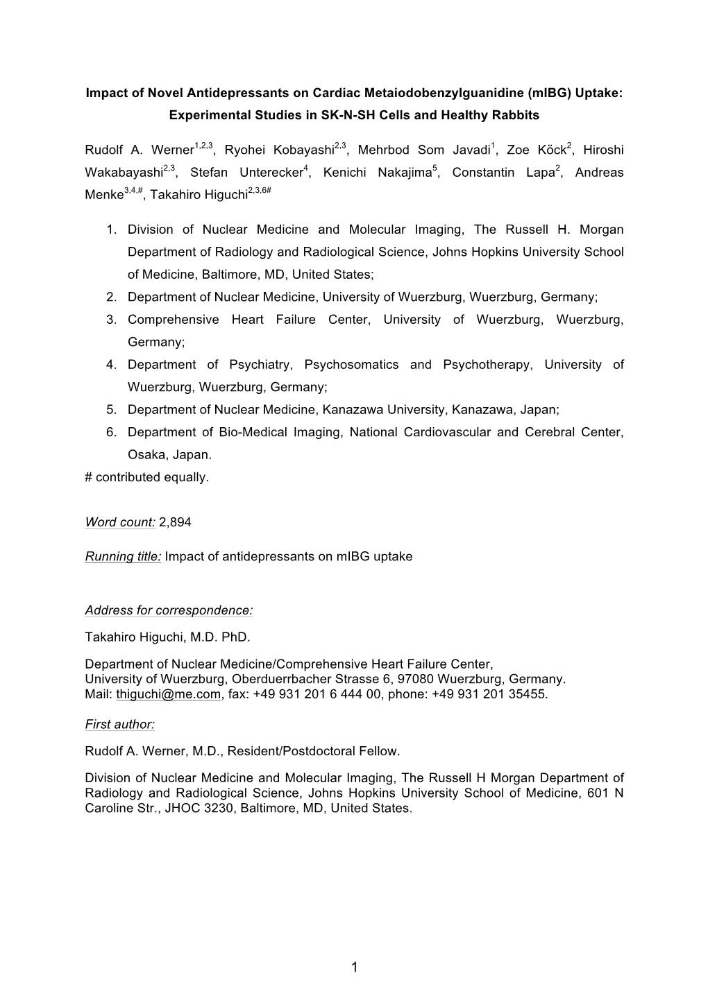 Impact of Novel Antidepressants on Cardiac Metaiodobenzylguanidine (Mibg) Uptake: Experimental Studies in SK-N-SH Cells and Healthy Rabbits