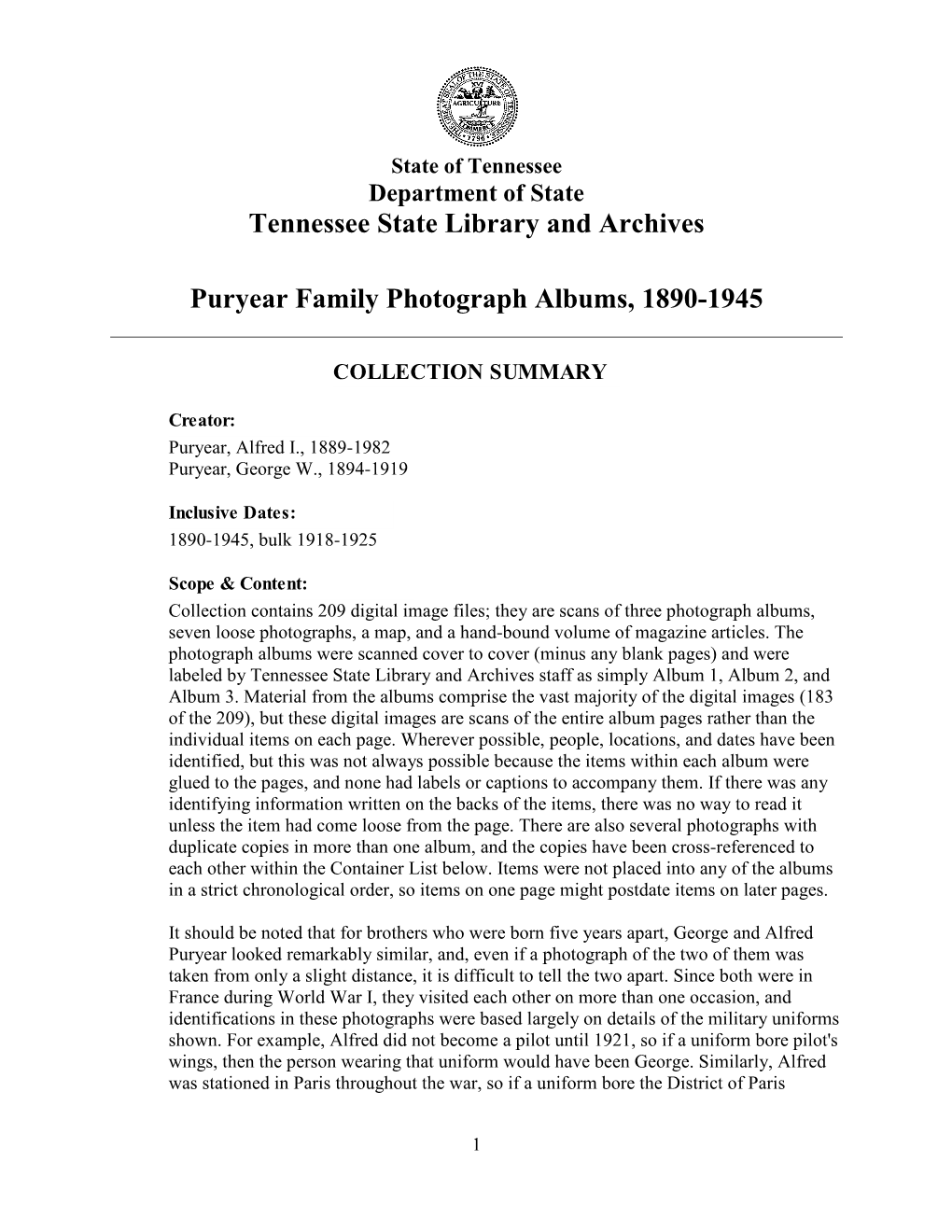 Tennessee State Library and Archives Puryear Family Photograph