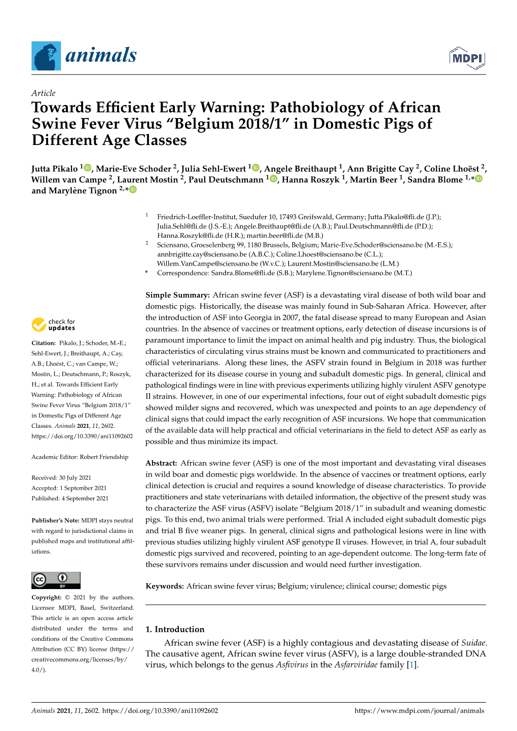 Pathobiology of African Swine Fever Virus “Belgium 2018/1” in Domestic Pigs of Different Age Classes