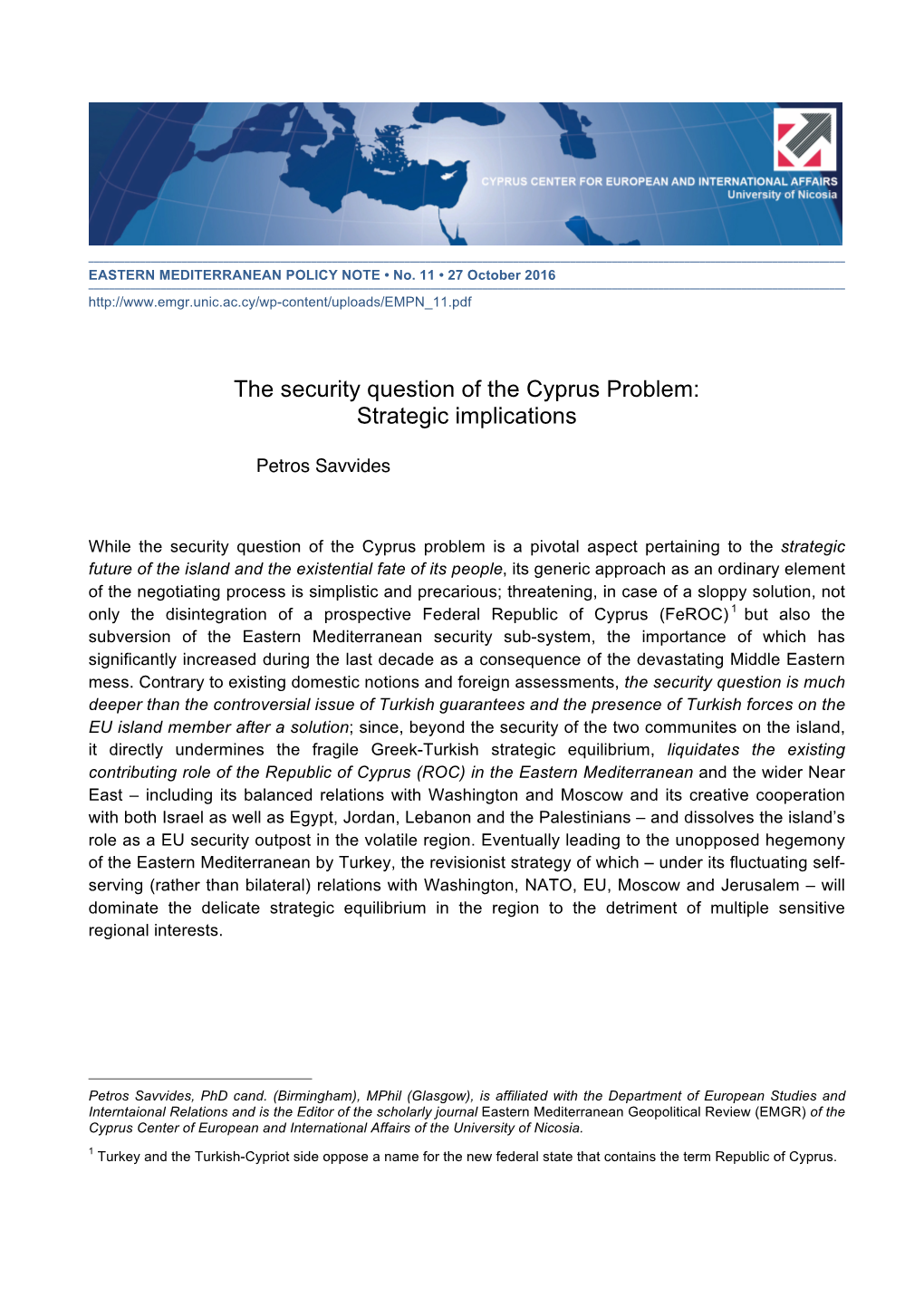 The Security Question of the Cyprus Problem: Strategic Implications