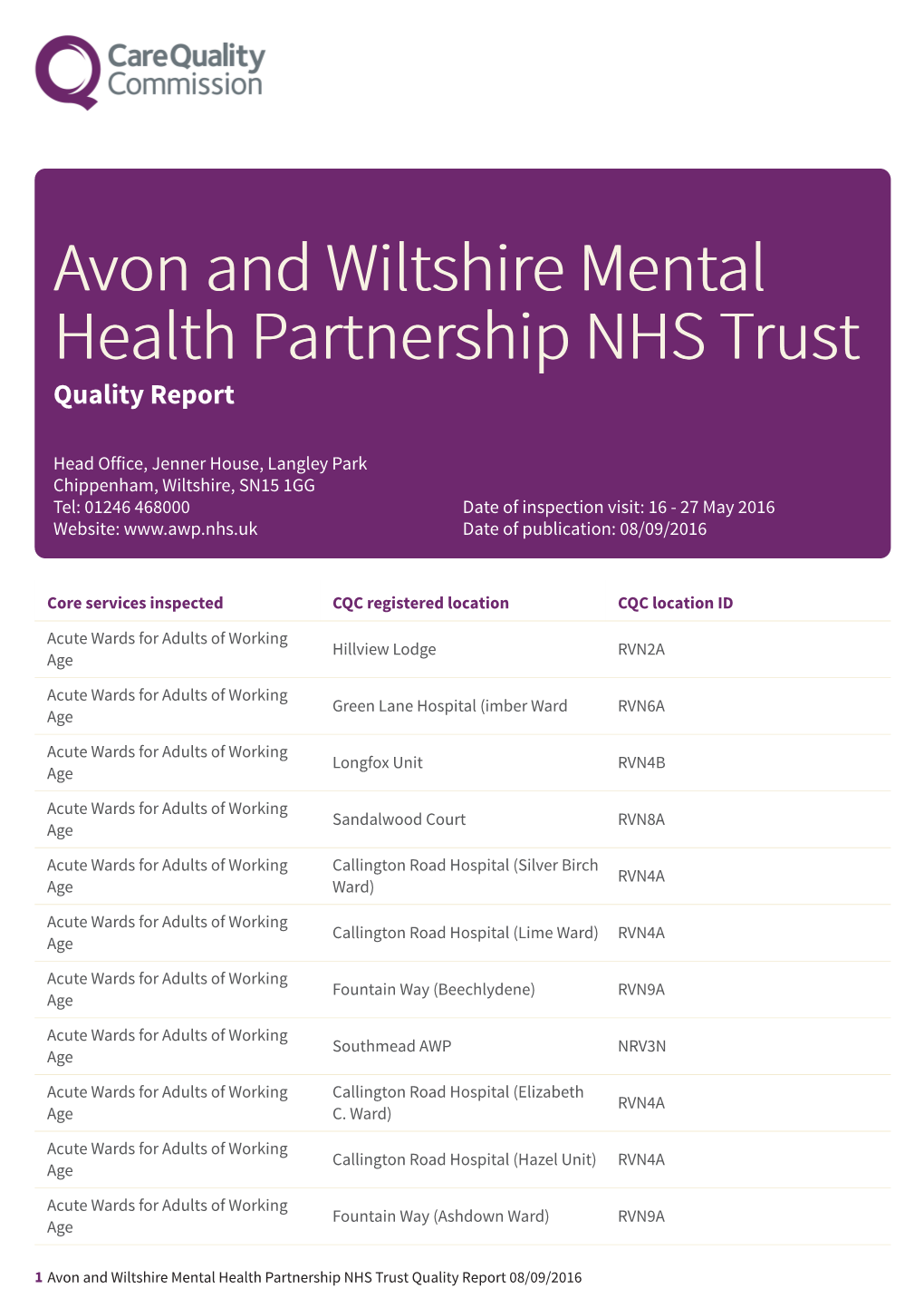 Avon and Wiltshire Mental Health Partnership NHS Trust Quality Report
