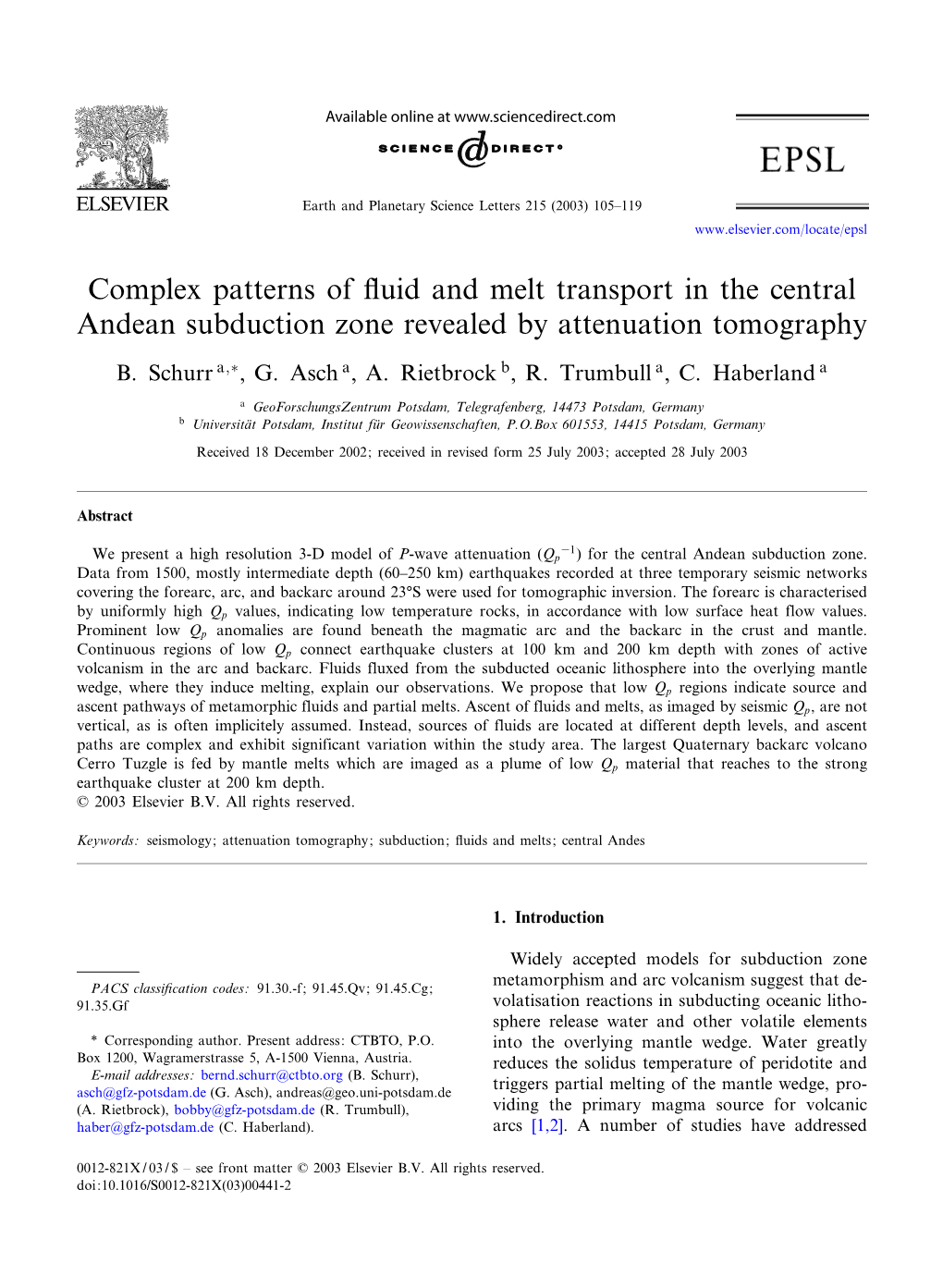 Complex Patterns of £Uid and Melt Transport in the Central Andean Subduction Zone Revealed by Attenuation Tomography