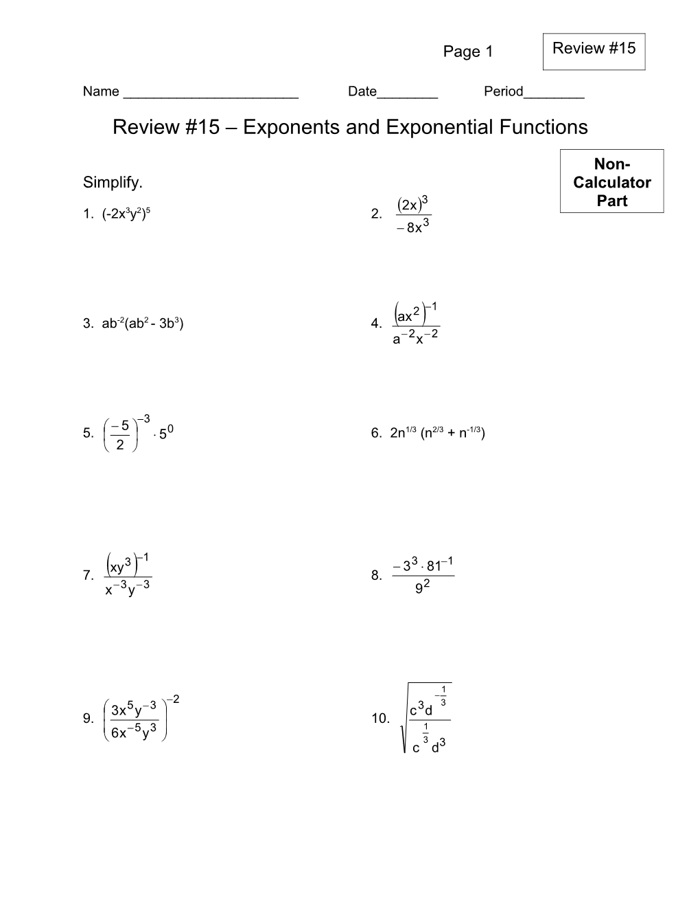 Review #15 Exponents and Exponential Functions